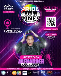 Pride Under the Pines 2025 official Host, the ever amazing, Alexander Rodriguez, who will be rocking the stage and performing throughout the event.