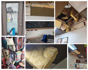A collage of images showing storm damage at ALSO Youth’s previous Sarasota Center: collapsed ceiling tiles, exposed insulation, damaged walls, and disrupted youth areas.