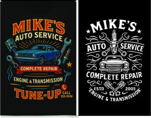 Side-by-side T-shirt designs showing a cluttered multi-color auto service graphic and a simplified single-color version for clear, print-ready results.