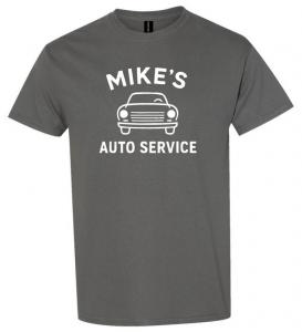 Charcoal T-shirt with the words “Mike’s Auto Service” in bold white text and a simple outline of a car, demonstrating a clean, print-ready design.