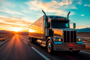 BSX Logistics truck driving on highway at sunset, symbolizing last-mile delivery and efficient transportation services in Qatar.