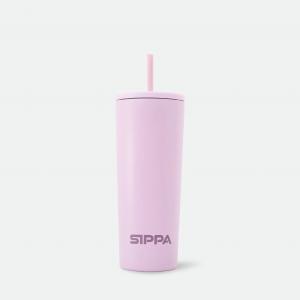 Orchid Lavender stainless steel Sippa EvoTumbler with a reusable straw, designed for hot and cold beverages.
