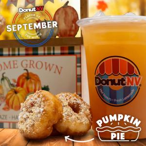 Photo of mini donuts topped with pumpkin pie topping paired with an apple cider beverage