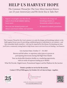 The Harvesting Hope Silent Auction  is accepting donations from manufacturers, retailers, interior designers, or service providers with a broad appeal.