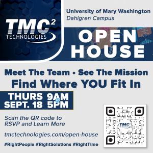 The image is a graphic of the TMC Open House, September 18, 9AM-5PM at the University of Mary Washington - Dahlgren Division