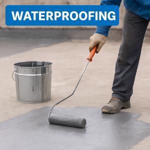Construction worker applying liquid waterproofing membrane with a roller on a large roof surface for long-lasting water protection.