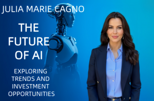 Professional image of Julia Marie Cagno standing next to a blue backdrop with a robot silhouette, delivering insights on the future of AI, trends, and investment opportunities.