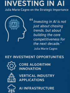 Infographic titled 'Investing in AI' featuring Julia Marie Cagno’s quote on building long-term competitiveness through AI investment, and listing three key opportunities: core algorithm innovation, vertical industry applications, and AI infrastructure, wi