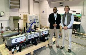 Sam Cockerill, Chief Executive of Libertine and Solaiman Aldohish, co-founder of intelliGEN.SA with a Libertine test engine at Cranfield University