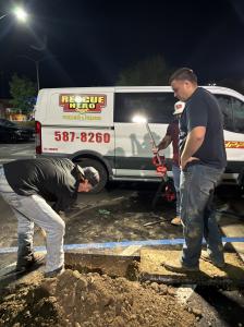 Rescue Hero Plumbing crew digging safely to prepare for a sewer line installation in Bakersfield, California.