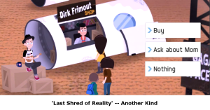Screenshot from video game 'Last Shred of Reality' shows three characters lined up outside of a shop called 'Dirk Frimout'