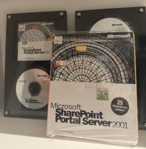 Software box of the original Microsoft SharePoint Server 2001 release from Microsoft that has become Microsoft 365 and SharePoint Online.