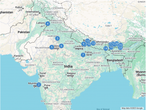A map of south Asia with cities highlighted in India, Nepal and Bhutan