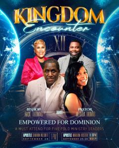 “Promotional image for Kingdom Encounter 2025 in Little Rock featuring Dr. Sharon Nesbitt, Apostle Marlon Hester, Bishop Rick Thomas, and Pastor Melissa Thomas, highlighting a gathering for pastors and ministry leaders.”