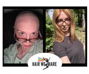 Recipient wearing a Hair We Share wig that was made from donated human hair. Events as Waves Wellness & Beauty Expo help to fund manufacturing of these very high quality wigs.