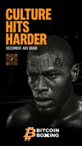 Black-and-white Bitcoin Boxing poster reading “Culture Hits Harder,” “December: Abu Dhabi,” with QR code and Bitcoin Boxing logo.