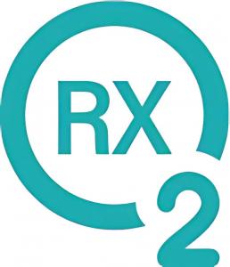 The image shows a teal-colored logo consisting of the letters “RX” inside a circular outline. Attached to the bottom right of the circle is the number 2, making it read as “RX-O2.” The design is clean and modern, symbolizing medical care and oxygen therap