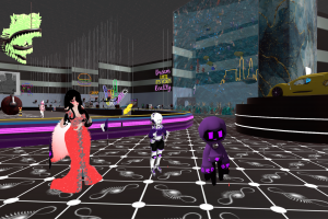 Ferry Godmother in red gown at Ferry Godmother Roller Rink with friends with VIP loft, giant aquarium, yellow custom car on black pedastal, showcasing luxury virtual event and VR venue.