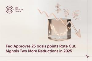 A graphic featuring a downward-sloping financial chart, cube, and major currency symbols, representing global market reactions to the U.S. Federal Reserve’s interest rate cuts. – EBC