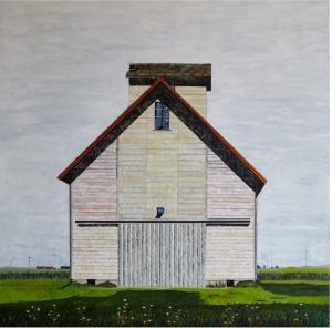 Barn #1, Don Hershman (2022), Acrylic, Ink, and Pencil on Wood Panel, 72” x 60”  (Photo Credit: Nick Gutierrez)
