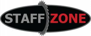 Staff Zone logo, a black oval with a saw blade cutting through the half splitting Staff Zone. Red, black and gray colors.
