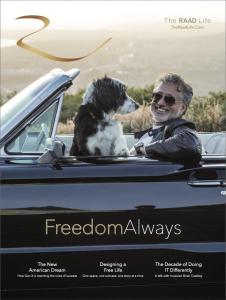 Raad Ghantous smiling in a classic convertible with his dog, cover of The Raad Life Magazine debut issue themed "Freedom Always."
