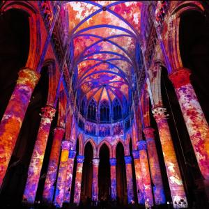 photo of the ceiling of a cathedral with Luminiscence 360-degree video mapping