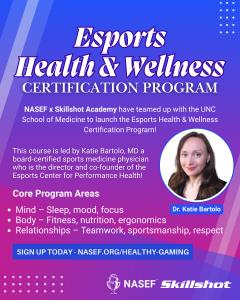 Picture of a woman with a description of her experience and class on esports wellness