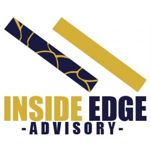 Inside Edge Advisory logo featuring two diagonal bars, one indigo with gold Kintsugi lines and one solid gold, above the words Inside Edge Advisory in bold gold and indigo text.