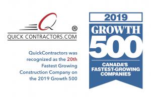 QuickContractors.com awarded the TOP 20 Fastest Growing Contruction Company in Canada 2019 Growth 500