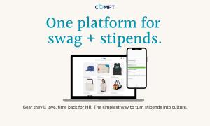 Product shots of the swag store on a laptop screen and swag stipend on a mobile device.