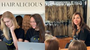 Two Hairalicious® team members working on laptops in the office, and a stylist surrounded by wig displays and mannequin heads.