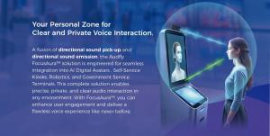 Audfly FocusAura directional audio solution showcasing precise voice pickup and targeted sound delivery for AI avatars, kiosks, and smart devices.