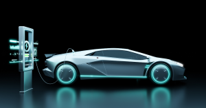 A sleek, futuristic electric sports car plugged into a high-tech charging station with glowing neon accents, representing the future of EV design and technology.