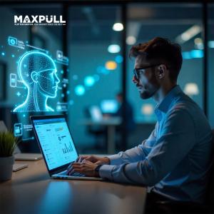 Man using AI-powered CRM software on laptop, with virtual assistant interface, representing Max Pull Marketing's intelligent business solutions.