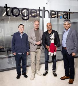 VFS Global and Together AI announcing the partnership to advance AI in cross-border mobility at the Together AI HQ in California (From L-R: Ce Zhang: Founder & CTO Together AI, Michael Nilles: Member of the Executive Board & Chief Digital & Technology Off