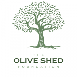 The Olive Shed Foundation Logo - white background with green olive tree illustration and lettering