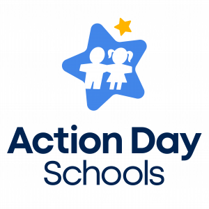 logo for action day schools with the outline of a boy and girl inside a blue star with a yellow star above it