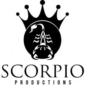 Black-and-white logo of Scorpio Productions, featuring a crowned scorpion emblem above the company name in bold serif typography, symbolizing power, artistry, and legacy.