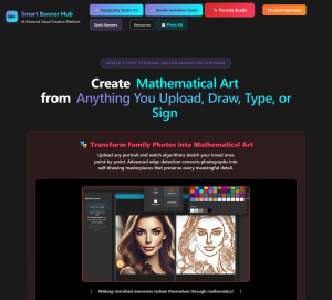 Portrait Studio interface showing woman's portrait transformed into mathematical point cloud sketch using Smart Banner Hub's DBSCAN clustering technology.
