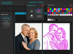 Portrait Studio transforming intimate couple portrait into magenta mathematical art, demonstrating platform's ability to preserve emotional connection through DBSCAN clustering algorithms.