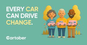 Fall-themed GIF of three people smiling on a green background. The first person holds a small car, the second a small truck, and the third a small RV. Image reads "Every Car Can Drive Change" and has the Cartober logo.