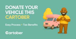 GIF of a man people smiling and standing in front of a pink RV with his hands in a heart shape. Image reads "Donate Your Vehicle This Cartober" and beneath it says "Easy Process and Tax Benefits." Cartober logo at the bottom.