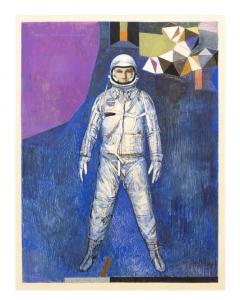 Rare original astronaut artwork by Mario Armond Zamparelli, space and aviation-themed mixed media painting