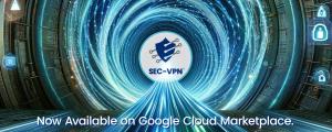 SEC-VPN circular logo in a digital Tunnel with information flow