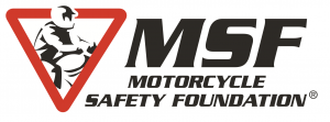 Motorcycle Safety Foundation logo showing a motorcycle rider in an upside down red triangle with the letters M S F next to it.