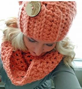 Hygge Chunky AromaHat and Scarf Set in Coral from the Pausitivity Collection by Nina Laluca