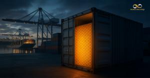BLOOH Solution shipping container with illuminated orange honeycomb structure at industrial port terminal with cranes and cargo ships in background