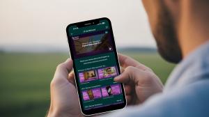 A man holding a phone, watching the branded environment of Stories by Muslim Pro, on the Muslim Pro app.