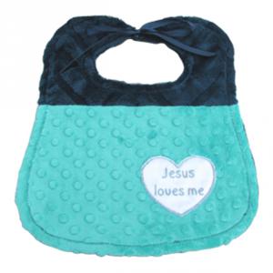 Baby bib with cuddly minky on both sides and Jesus loves me heart applique.